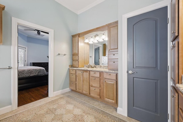 3713 Hidden Trl, Flower Mound, TX 75022 - bathroom featuring vanity, crown molding, tile patterned floors, ensuite bathroom, and ceiling fan
