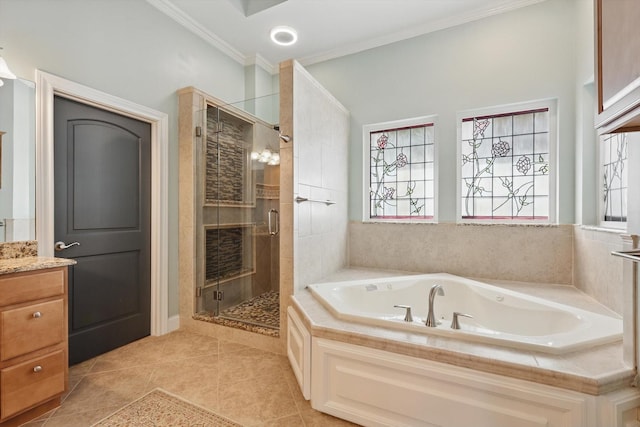 3713 Hidden Trl, Flower Mound, TX 75022 - full bathroom featuring a stall shower, plenty of natural light, a bath, crown molding, and vanity