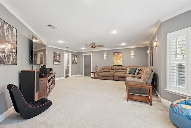 3713 Hidden Trl, Flower Mound, TX 75022 - living area featuring crown molding, light carpet, recessed lighting, and a ceiling fan