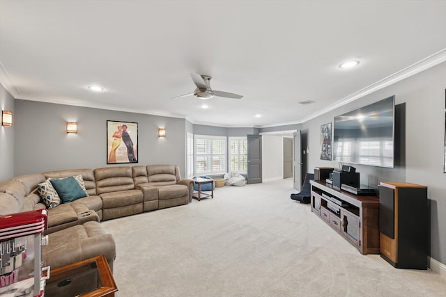 3713 Hidden Trl, Flower Mound, TX 75022 - living area with ceiling fan, crown molding, light carpet, and recessed lighting