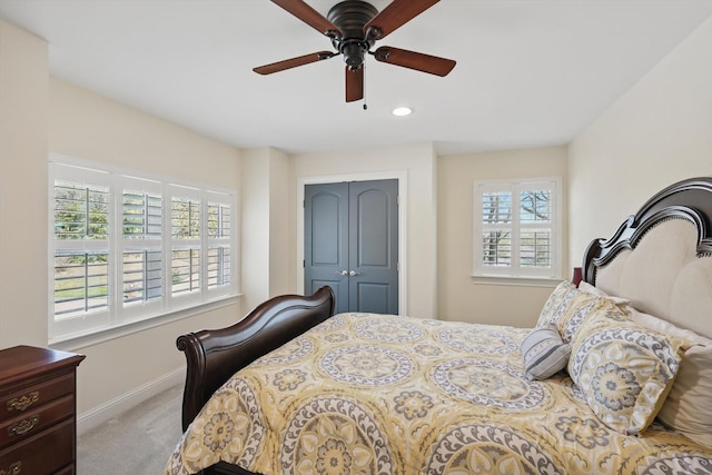 3713 Hidden Trl, Flower Mound, TX 75022 - bedroom featuring carpet flooring, a closet, recessed lighting, and a ceiling fan