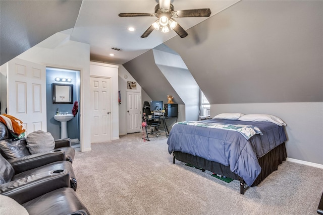 bedroom with vaulted ceiling, carpet flooring, baseboards, ceiling fan, and visible vents