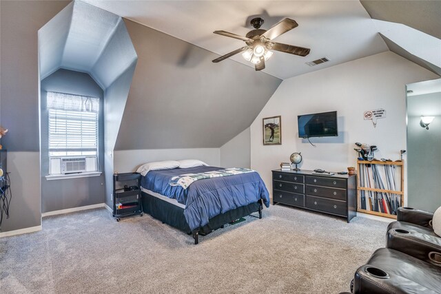 carpeted bedroom with baseboards, visible vents, cooling unit, and vaulted ceiling