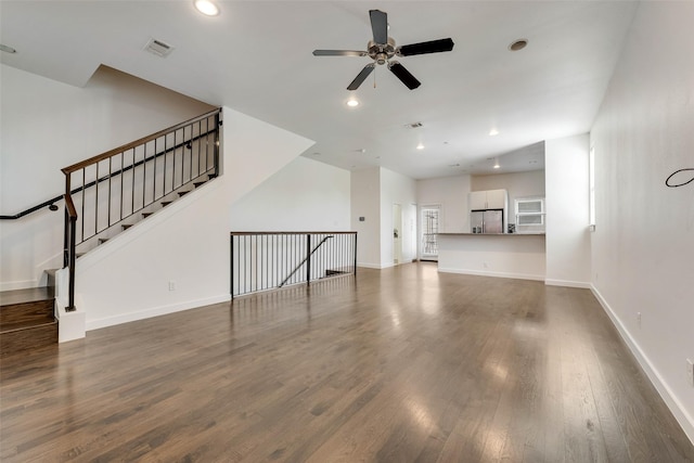 3200 Ross Ave Unit 28, Dallas, TX 75204 - unfurnished living room with a ceiling fan, dark wood-style floors, baseboards, and recessed lighting