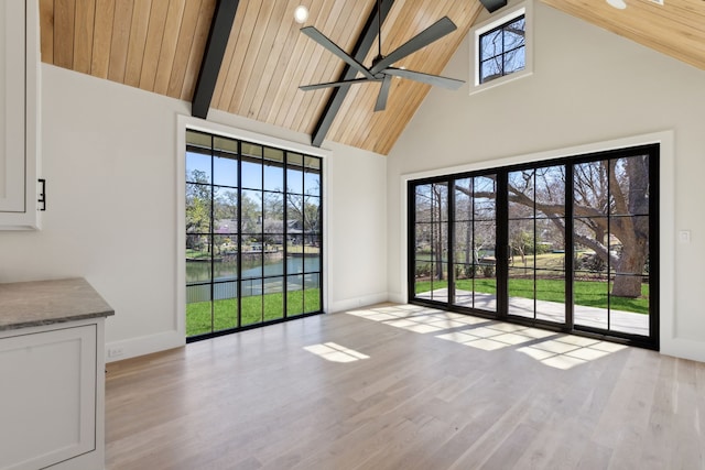 interior space featuring beam ceiling and a water view