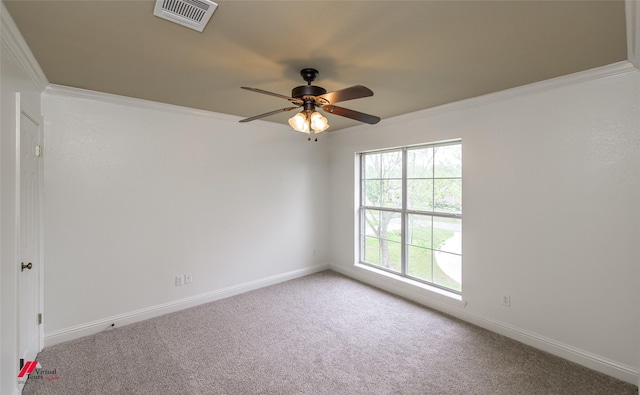 339 Hunters Holw, Bossier City, LA 71111 - spare room featuring visible vents, crown molding, carpet, baseboards, and a ceiling fan