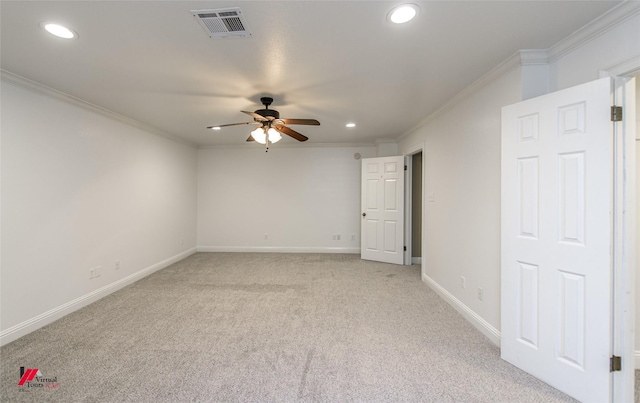 339 Hunters Holw, Bossier City, LA 71111 - unfurnished room featuring light colored carpet, ornamental molding, baseboards, ceiling fan, and visible vents
