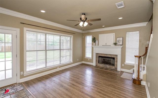 339 Hunters Holw, Bossier City, LA 71111 - unfurnished living room with a healthy amount of sunlight, crown molding, wood finished floors, and a ceiling fan