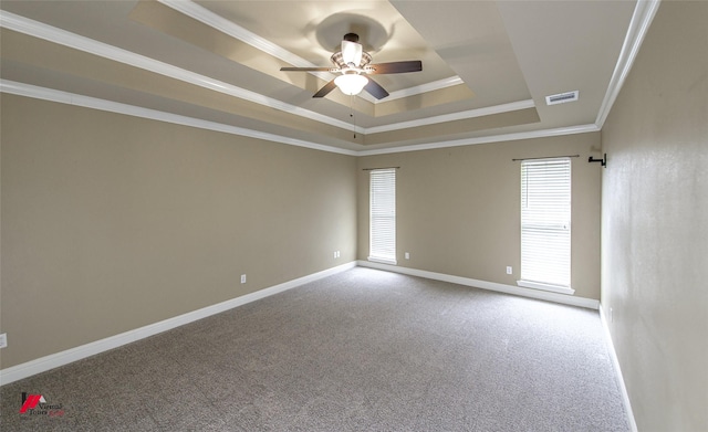 339 Hunters Holw, Bossier City, LA 71111 - carpeted empty room with crown molding, baseboards, a raised ceiling, visible vents, and a ceiling fan