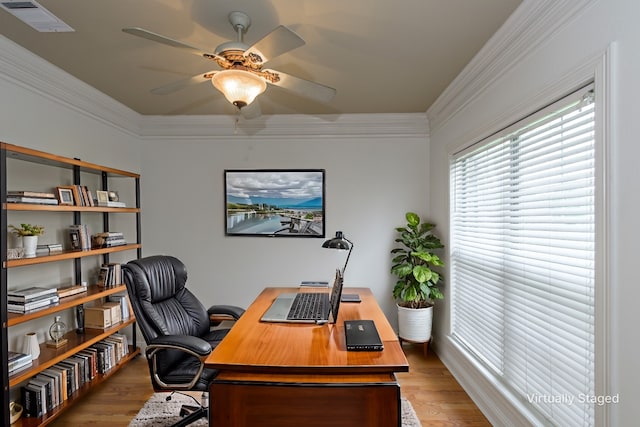 339 Hunters Holw, Bossier City, LA 71111 - office featuring a ceiling fan, ornamental molding, wood finished floors, and visible vents
