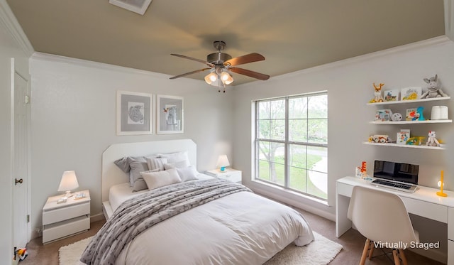 339 Hunters Holw, Bossier City, LA 71111 - bedroom with multiple windows, visible vents, crown molding, and a ceiling fan