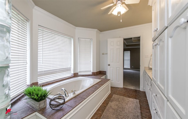 339 Hunters Holw, Bossier City, LA 71111 - bathroom featuring ornamental molding, a garden tub, and ceiling fan