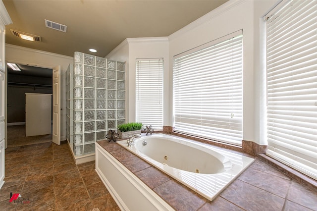 339 Hunters Holw, Bossier City, LA 71111 - full bathroom with a whirlpool tub, visible vents, a walk in shower, and crown molding