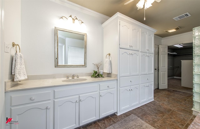 339 Hunters Holw, Bossier City, LA 71111 - bathroom with vanity, ceiling fan, visible vents, and crown molding