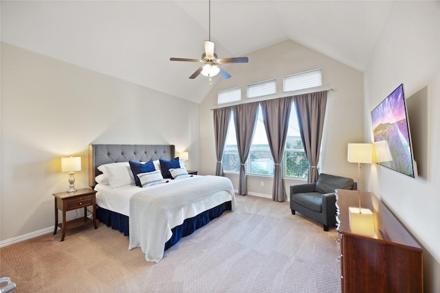 216 Equestrian Rd, Hickory Creek, TX 75065 - bedroom featuring light colored carpet, baseboards, high vaulted ceiling, and a ceiling fan