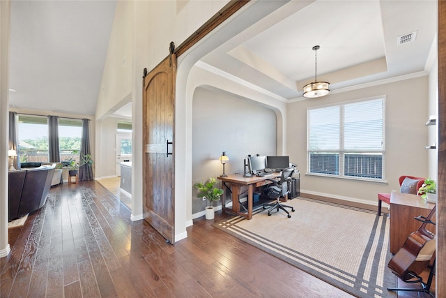 216 Equestrian Rd, Hickory Creek, TX 75065 - office featuring arched walkways, a barn door, hardwood / wood-style flooring, baseboards, and a tray ceiling
