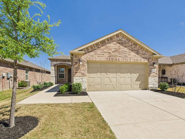 view of front of house with concrete driveway, stone siding, an attached garage, and brick siding