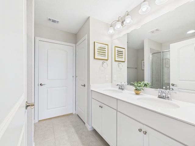 bathroom featuring tile patterned floors, visible vents, a shower stall, and a sink