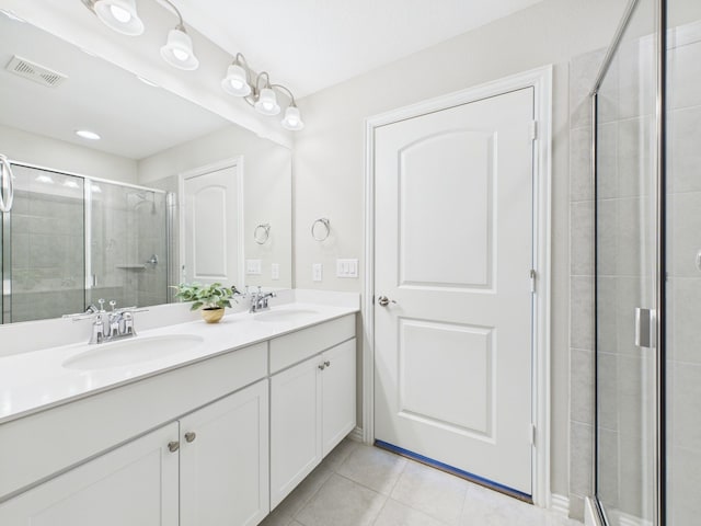 full bathroom featuring tile patterned floors, visible vents, a shower stall, and a sink