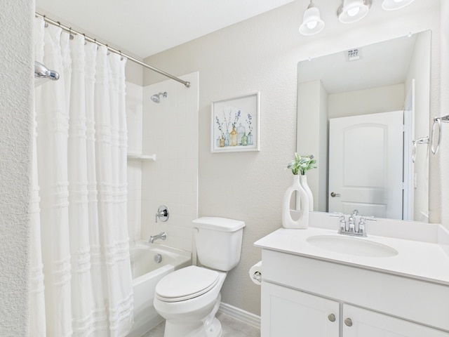 bathroom with a textured wall, visible vents, shower / tub combo with curtain, toilet, and vanity