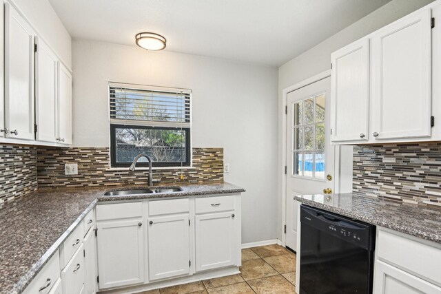 10319 Sylvia Dr, Dallas, TX 75228 - kitchen with dishwasher, a sink, backsplash, and white cabinets