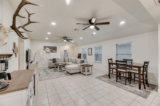2282 Torch Lake Dr, Forney, TX 75126 - interior space featuring light tile patterned floors, visible vents, recessed lighting, and ceiling fan