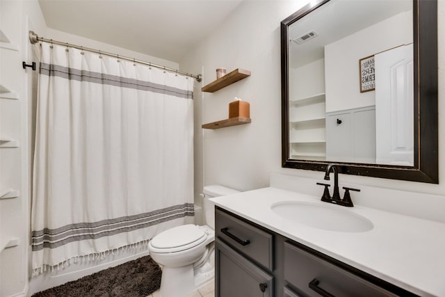 2282 Torch Lake Dr, Forney, TX 75126 - bathroom featuring toilet, vanity, shower / tub combo with curtain, and visible vents