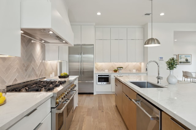 kitchen with high quality appliances, modern cabinets, premium range hood, and a sink