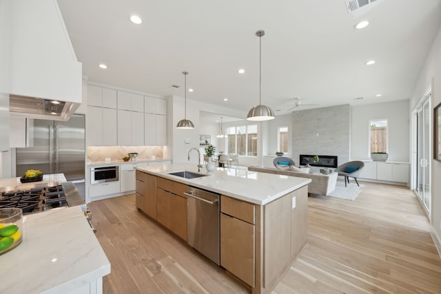 kitchen with stainless steel appliances, backsplash, a premium fireplace, a sink, and modern cabinets