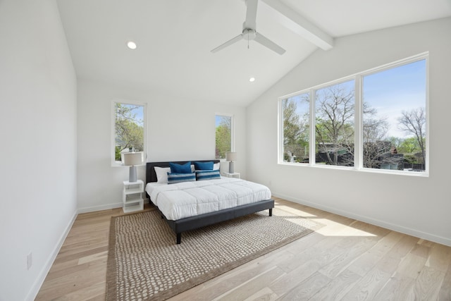 bedroom featuring recessed lighting, lofted ceiling with beams, ceiling fan, baseboards, and light wood-type flooring
