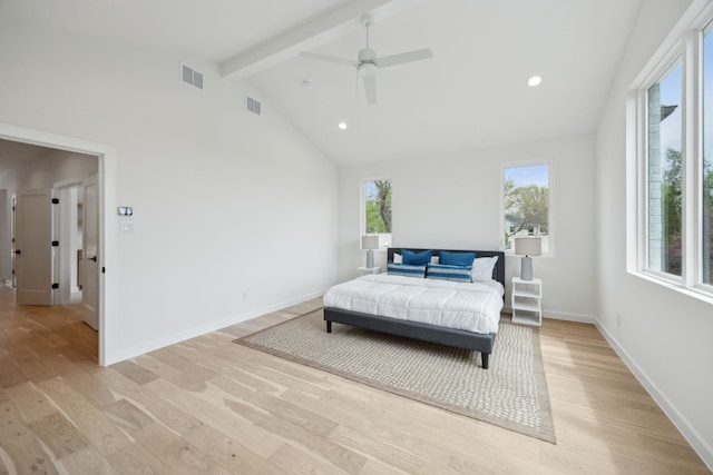 bedroom with beam ceiling, visible vents, and light wood-style flooring