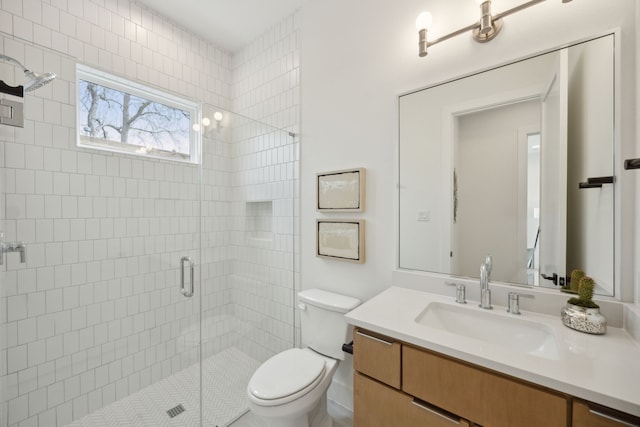 bathroom featuring vanity, toilet, and a stall shower