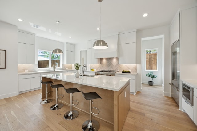 kitchen with light wood-type flooring, a kitchen island with sink, a sink, and tasteful backsplash