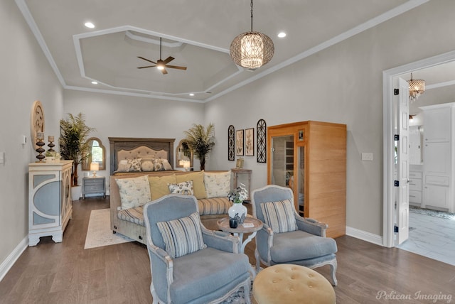 1113 Forest Trail Dr, Shreveport, LA 71106 - bedroom with a chandelier, recessed lighting, ornamental molding, and wood finished floors