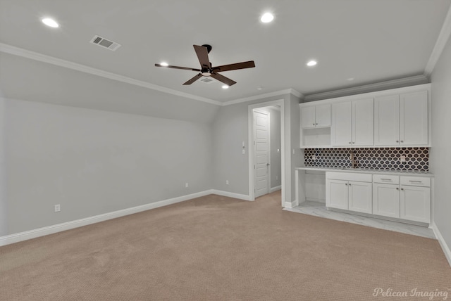 1113 Forest Trail Dr, Shreveport, LA 71106 - unfurnished living room featuring crown molding, a ceiling fan, recessed lighting, and light colored carpet