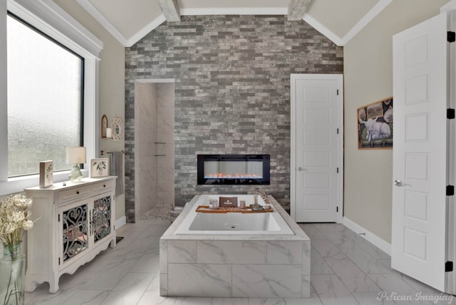 1113 Forest Trail Dr, Shreveport, LA 71106 - living area with light marble finish flooring, lofted ceiling, crown molding, a fireplace, and an accent wall