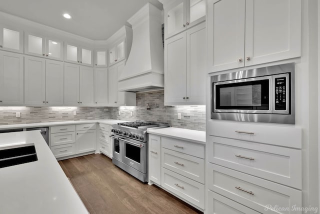 1113 Forest Trail Dr, Shreveport, LA 71106 - kitchen featuring appliances with stainless steel finishes, premium range hood, light countertops, white cabinetry, and recessed lighting
