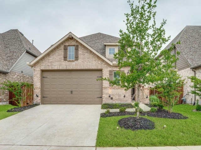 view of front of house featuring roof with shingles, an attached garage, brick siding, a front yard, and driveway