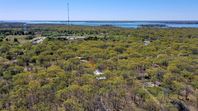 bird's eye view featuring a view of trees and a water view