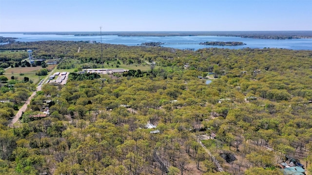 birds eye view of property featuring a water view and a wooded view