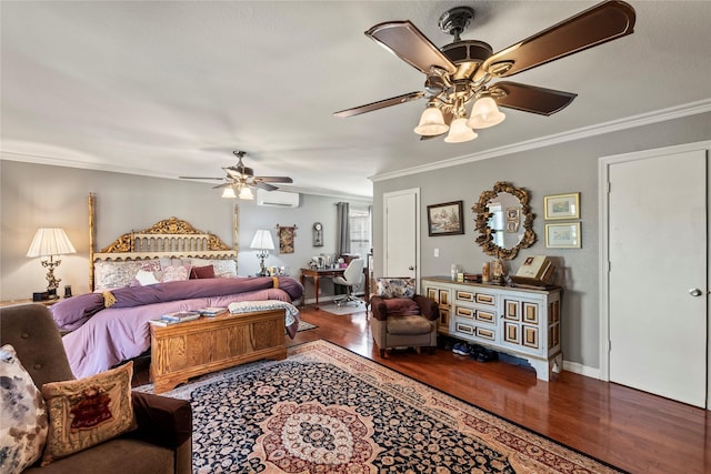 bedroom with an AC wall unit, crown molding, wood finished floors, and ceiling fan