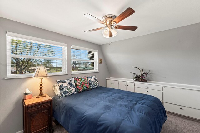 bedroom with a ceiling fan, carpet flooring, and multiple windows