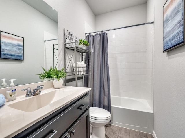 full bathroom with toilet, vanity, shower / bathtub combination with curtain, and wood finished floors