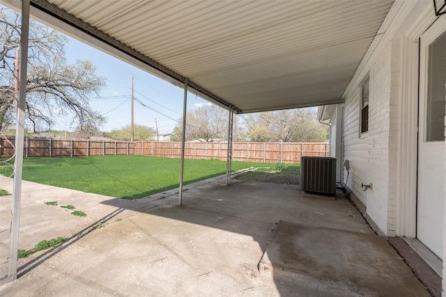 view of patio with a fenced backyard and central air condition unit