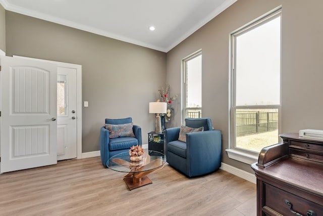 199 Pearl Valley Dr, Kerens, TX 75144 - sitting room with light wood-style flooring, ornamental molding, baseboards, and recessed lighting