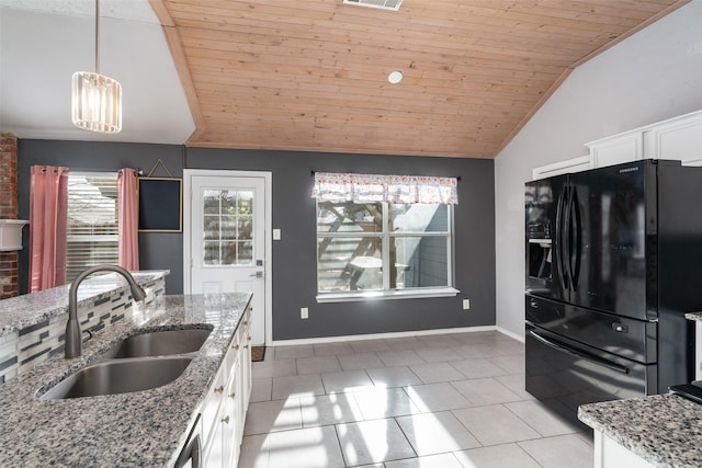 kitchen with white cabinets, wood ceiling, a sink, and black fridge with ice dispenser