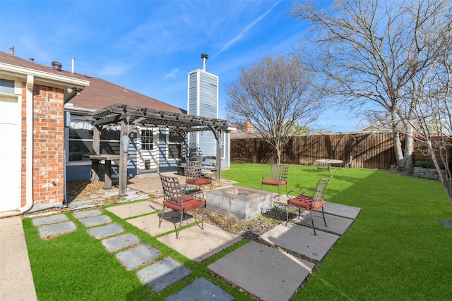 view of patio with a fenced backyard, a fire pit, and a pergola