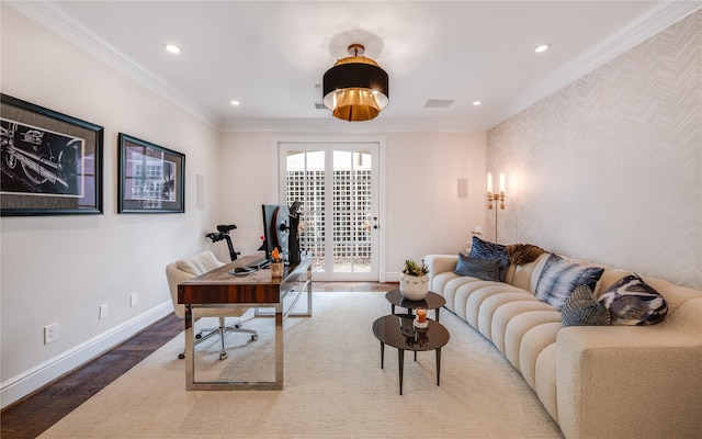 office space featuring wood finished floors, baseboards, ornamental molding, and recessed lighting