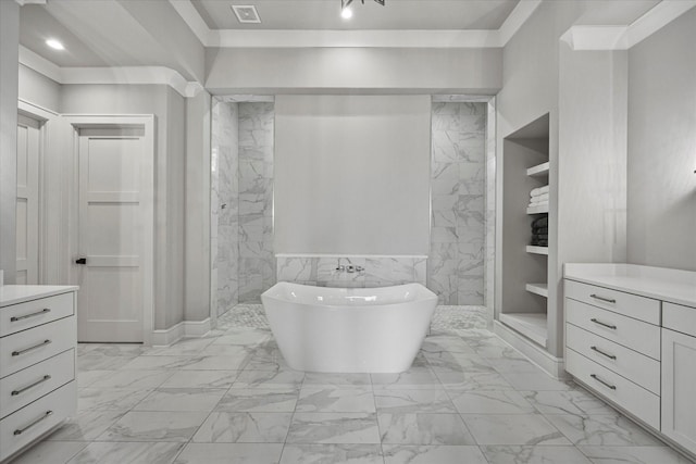 909 Saint Anne Ct, Heath, TX 75032 - bathroom with marble finish floors, a tile shower, a freestanding tub, and tile walls
