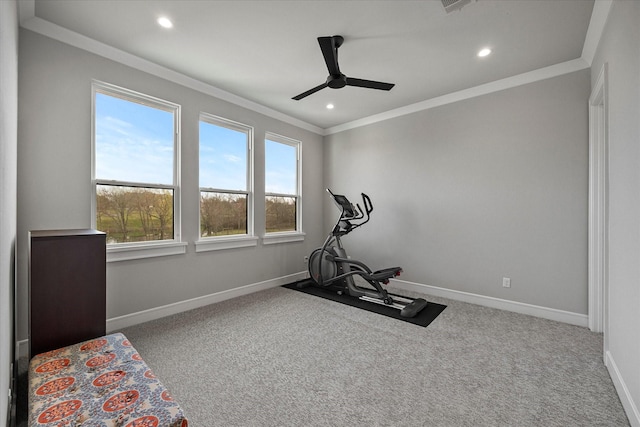 909 Saint Anne Ct, Heath, TX 75032 - workout area with ornamental molding, plenty of natural light, ceiling fan, baseboards, and recessed lighting